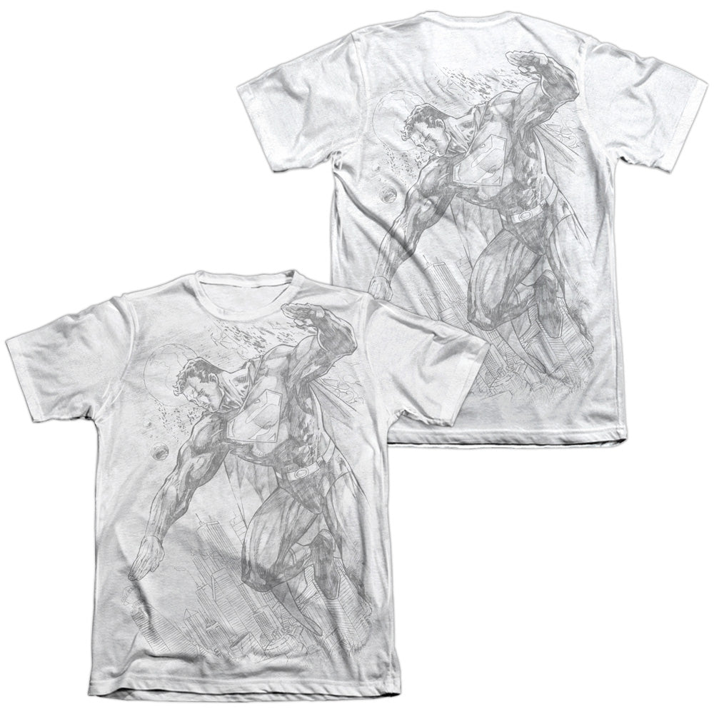 Superman - Pencil City To Space (Front/back Print) - Adult 65/35 Poly/cotton Short Sleeve Tee - White T-shirt