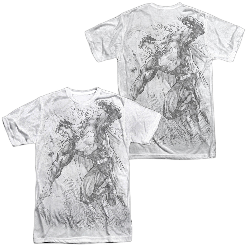 Superman - Pencil City To Space (Front/back Print) - Short Sleeve Adult 100% Poly Crew - White T-shirt