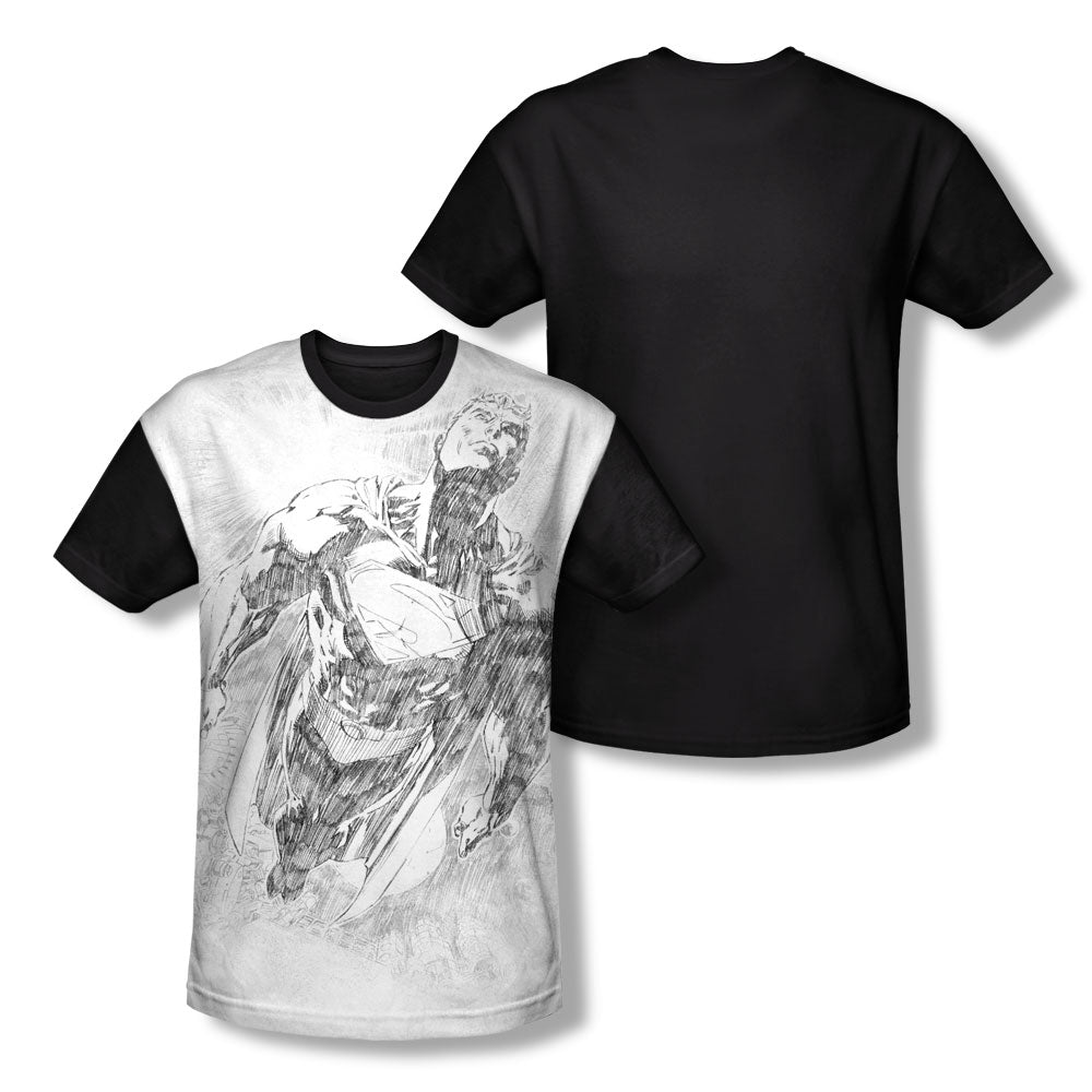 Superman - Exploding Space Sketch - Short Sleeve Adult White Front Black Back - White T-shirt