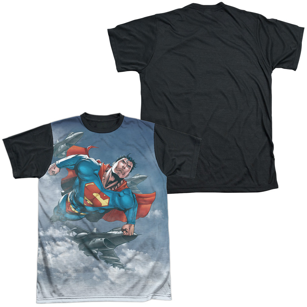 Superman - In The Sky - Short Sleeve Adult White Front Black Back - White T-shirt
