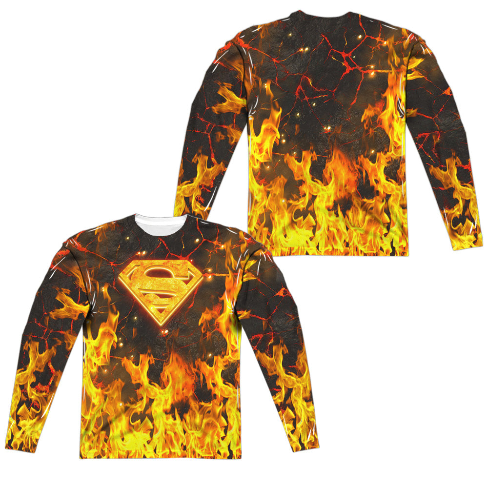 Superman - Fire Logo (Front/back Print) - Long Sleeve Adult Poly Crew - White T-shirt