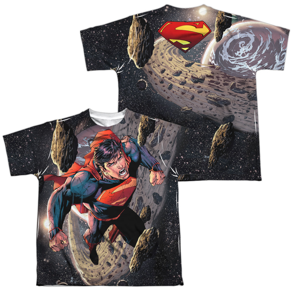 Superman - Up Up (Front/back Print) - Short Sleeve Youth Poly Crew - White T-shirt