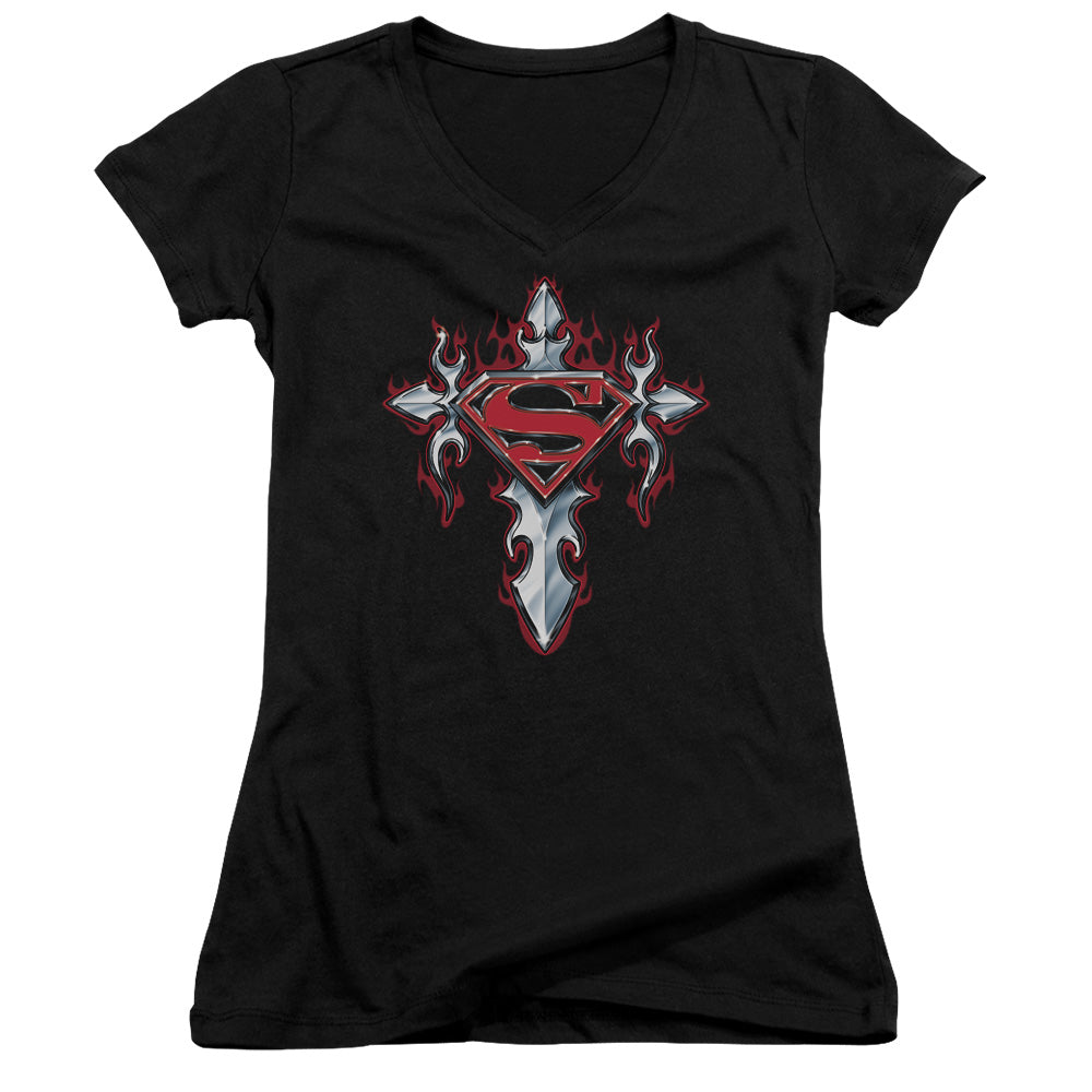 Superman - Gothic Steel Logo - Junior V-neck - Black
