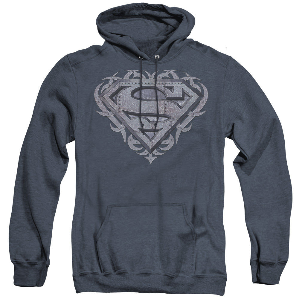 Superman - Tribal Steel Shield - Adult Heather Hoodie - Navy