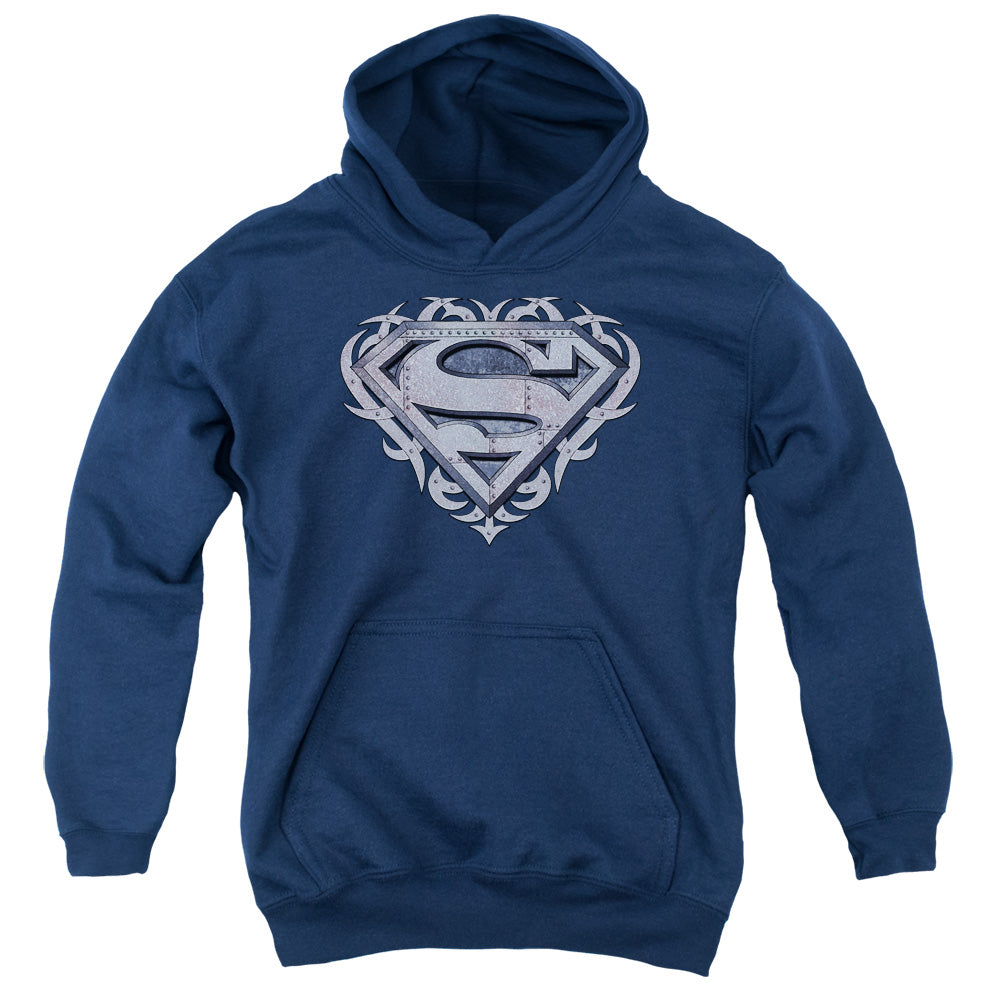 Superman - Tribal Steel Shield - Youth Pull-over Hoodie - Navy