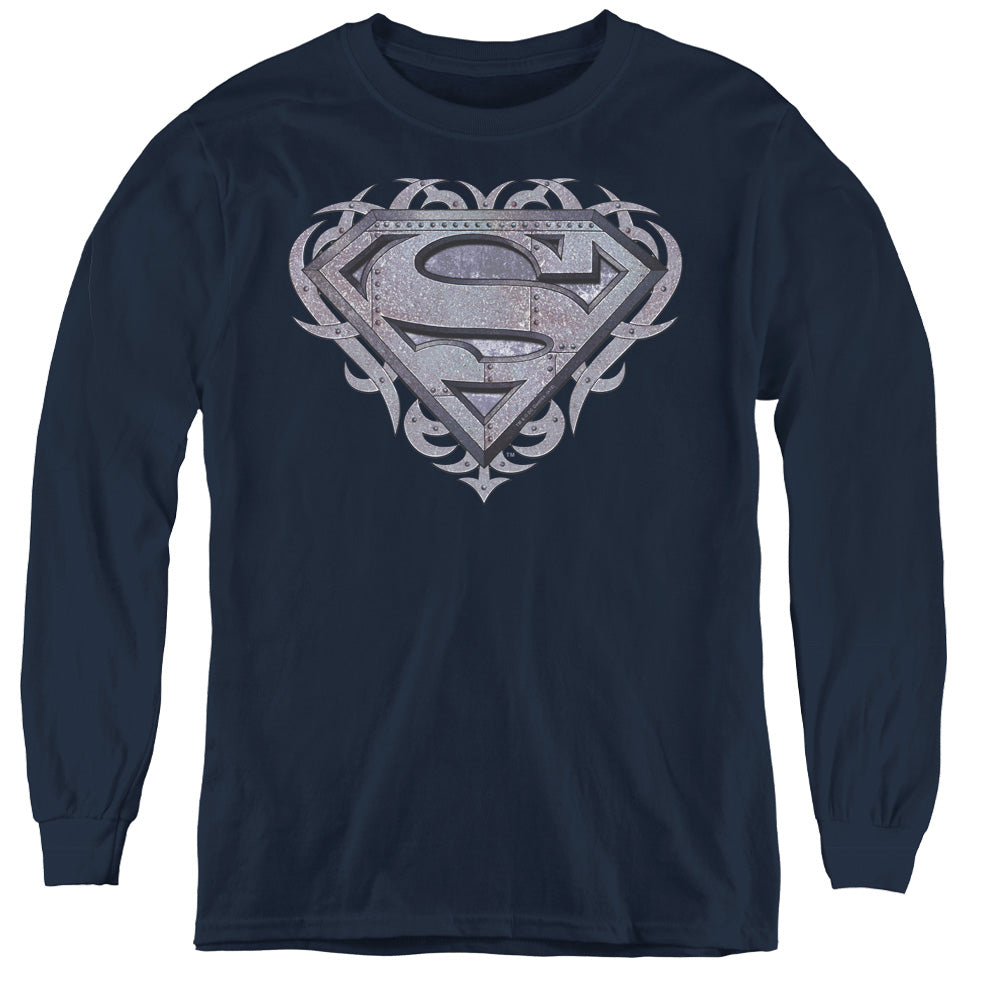 Superman - Tribal Steel Shield - Youth Long Sleeve Tee - Navy