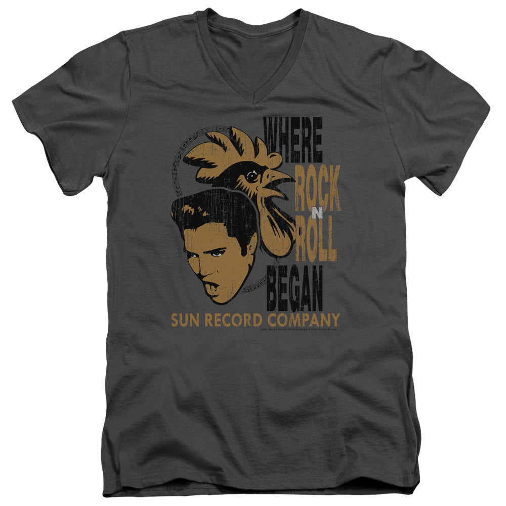 Sun - Elvis And Rooster - Short Sleeve Adult V-neck - Charcoal T-shirt