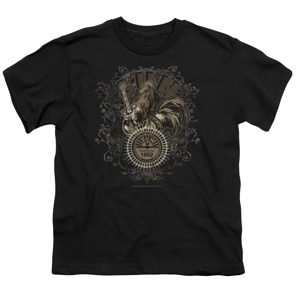 Sun - Scroll Around Rooster - Short Sleeve Youth 18/1 - Black T-shirt