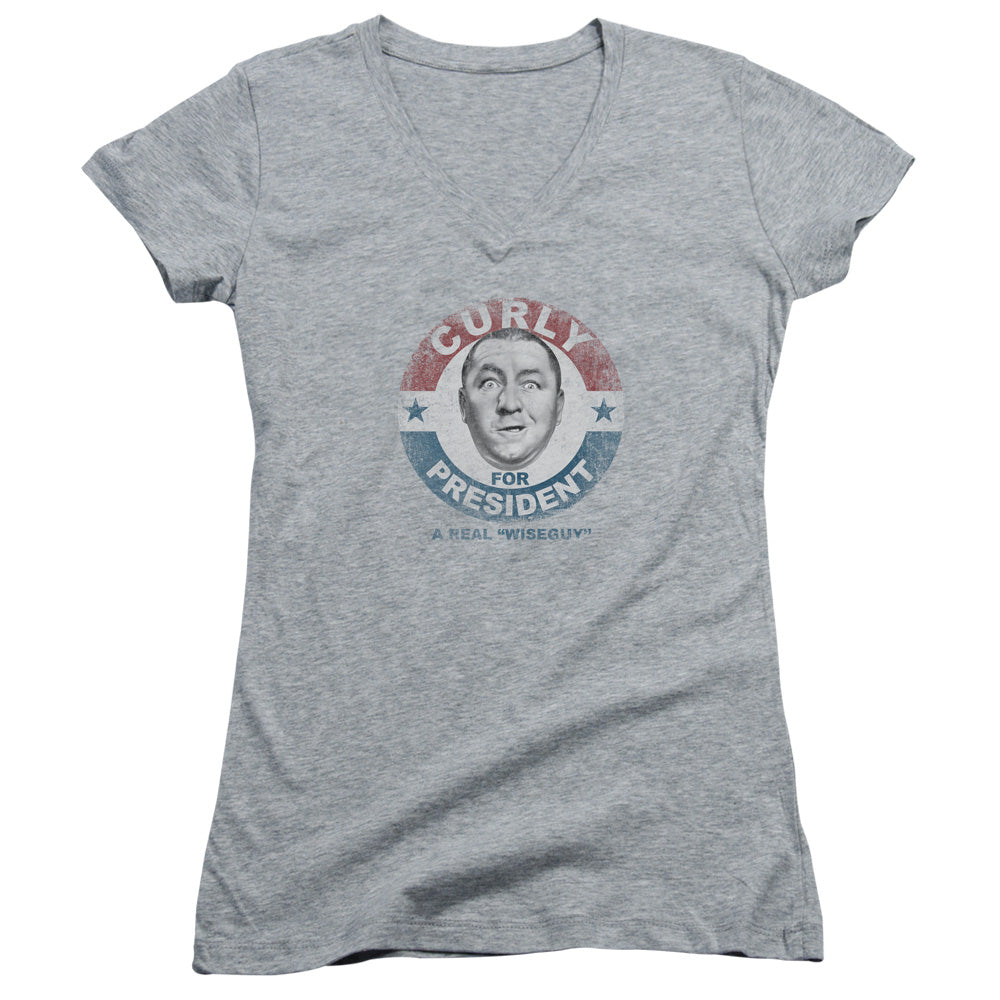 Three Stooges - Curly For President - Junior V-neck - Athletic Heather