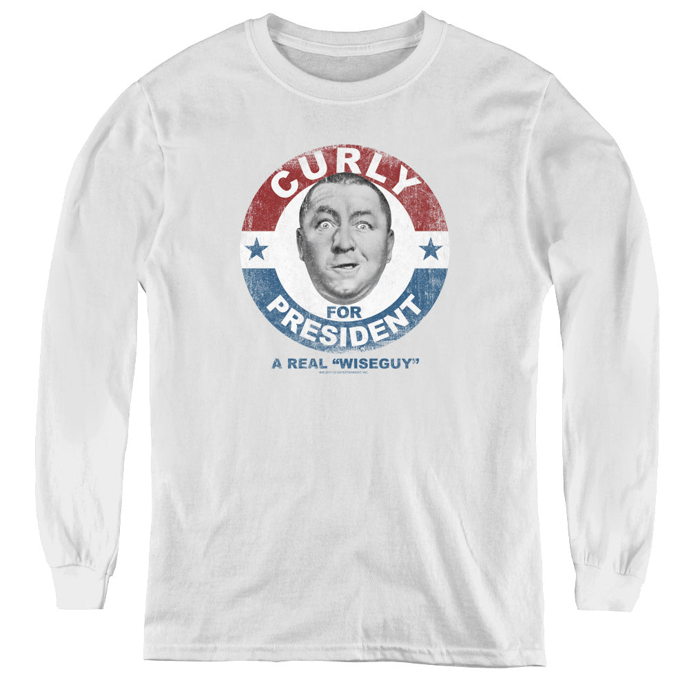 Three Stooges - Curly For President - Youth Long Sleeve Tee - White