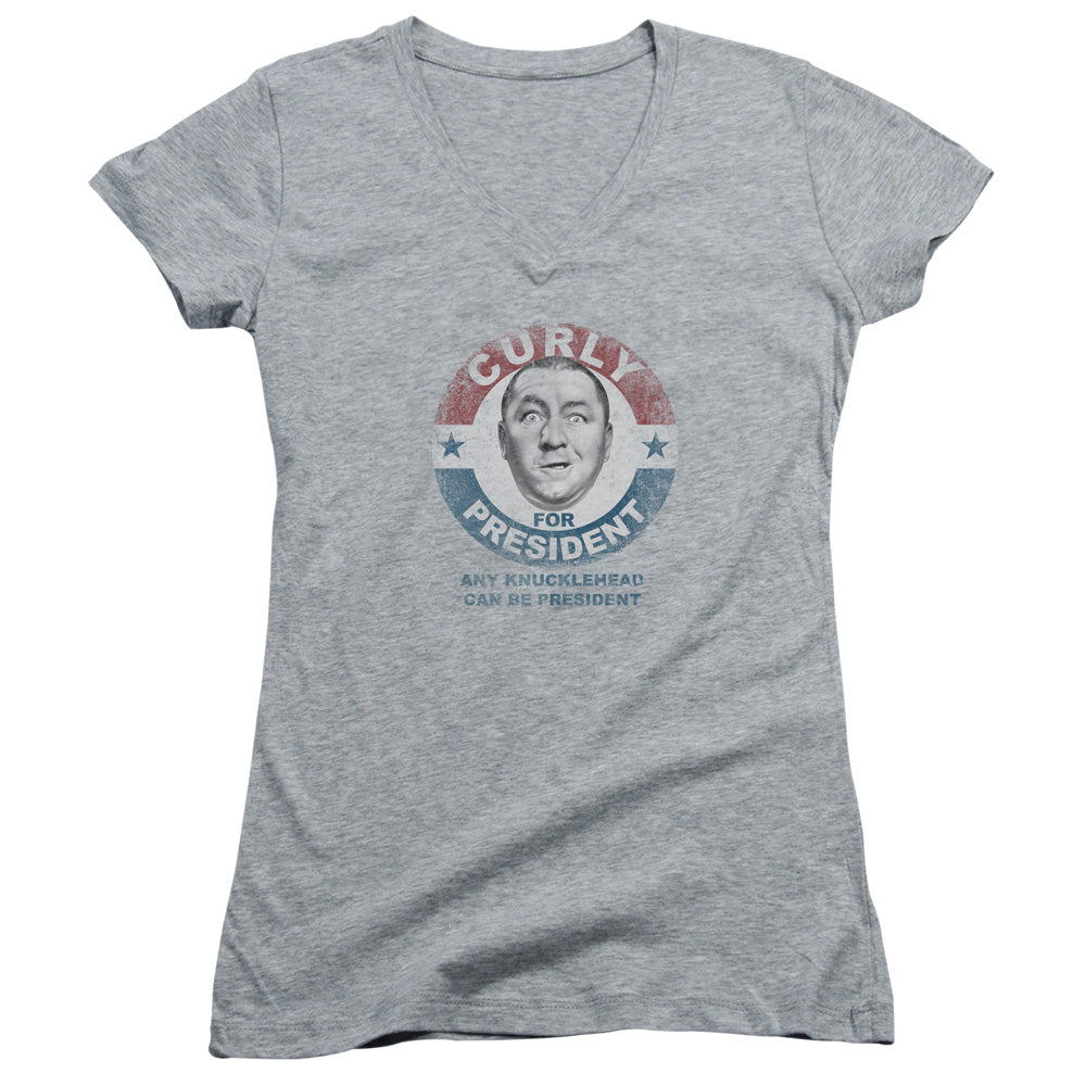 Three Stooges - Curly For President - Junior V-neck - Athletic Heather