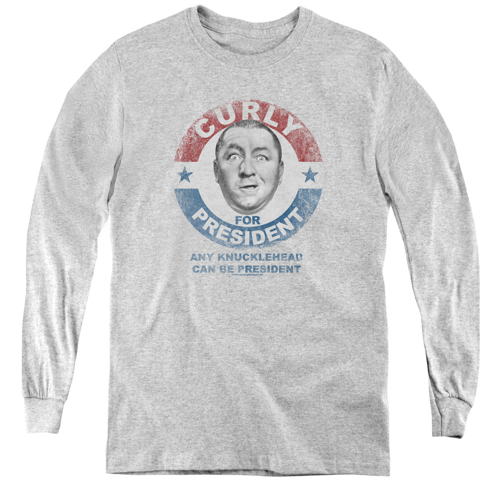 Three Stooges - Curly For President - Youth Long Sleeve Tee - Athletic Heather