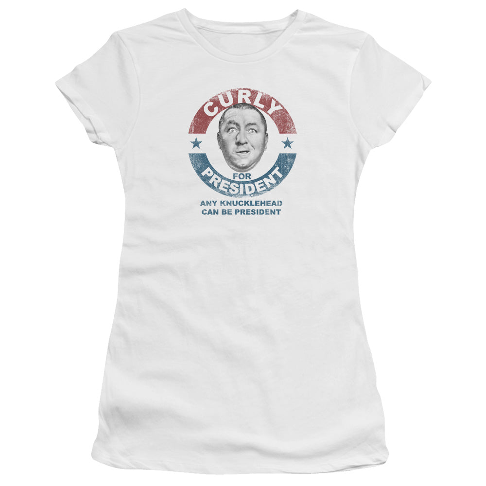 Three Stooges - Curly For President - Short Sleeve Junior Sheer - White T-shirt