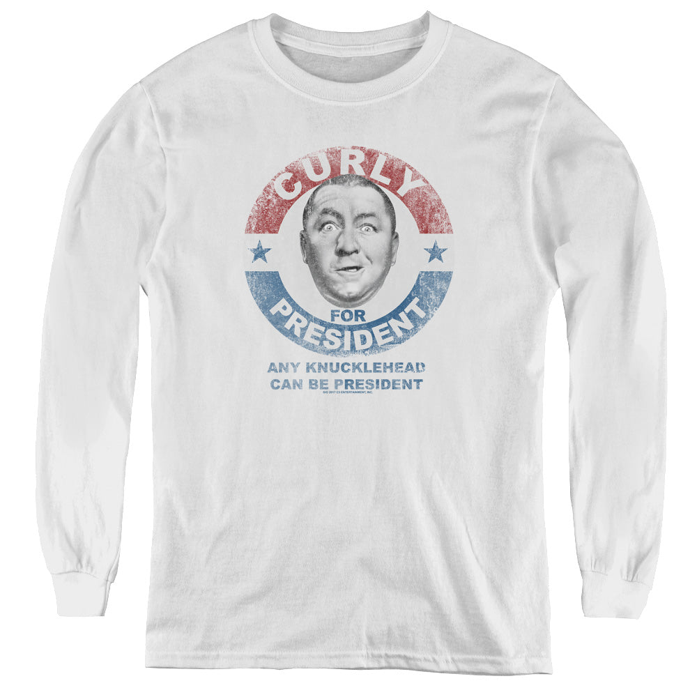 Three Stooges - Curly For President - Youth Long Sleeve Tee - White