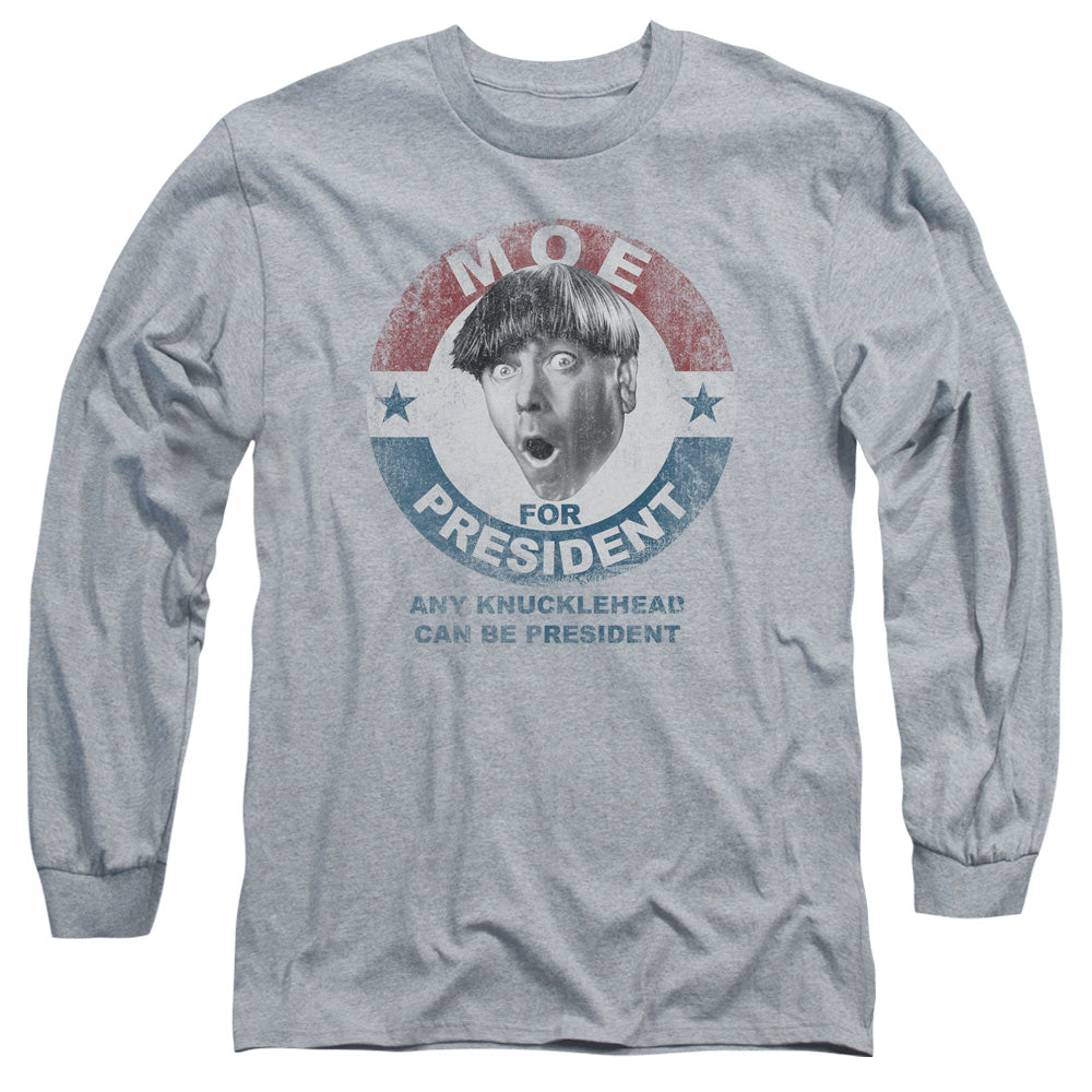 Three Stooges - Moe For President - Long Sleeve Adult 18/1 - Athletic Heather T-shirt