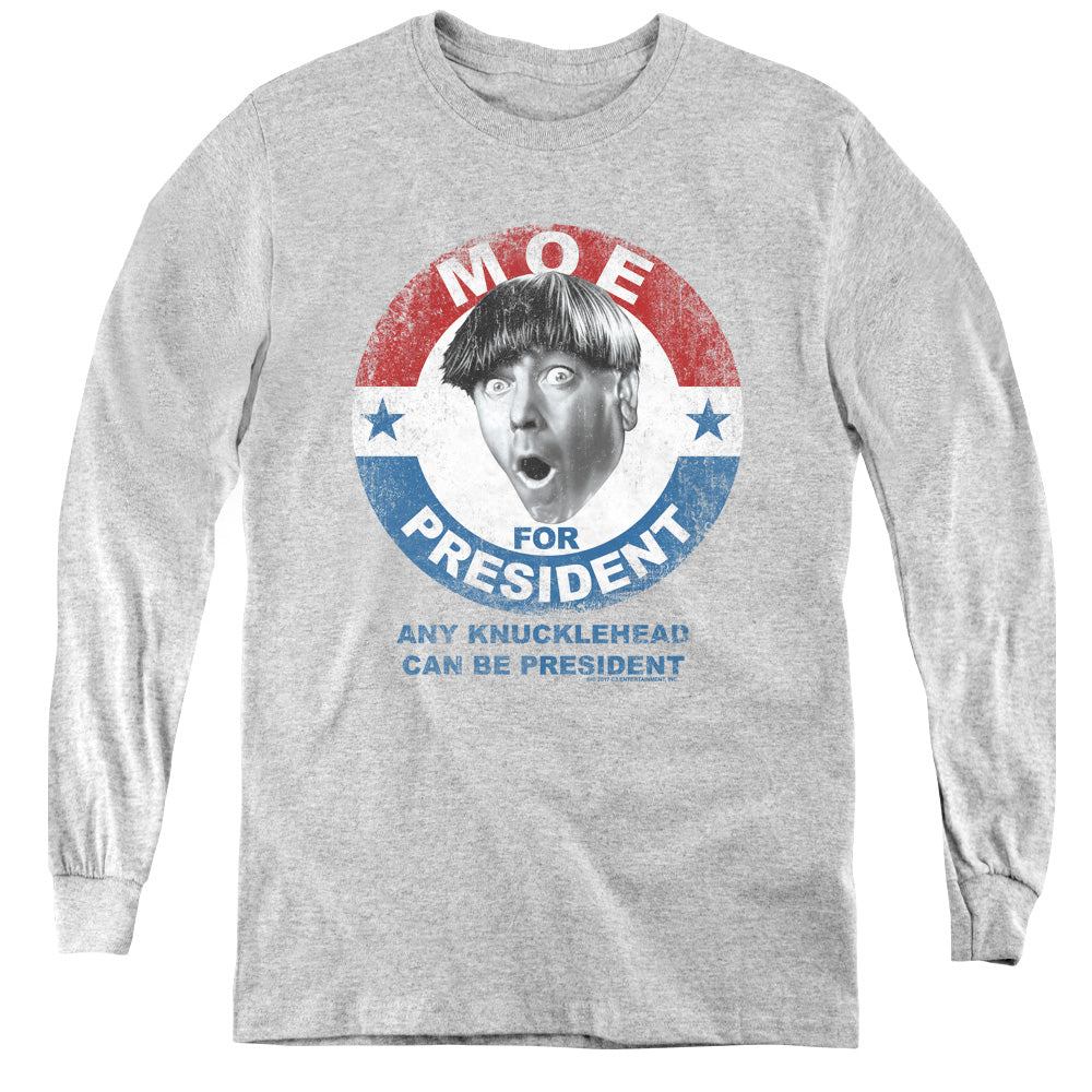 Three Stooges - Moe For President - Youth Long Sleeve Tee - Athletic Heather
