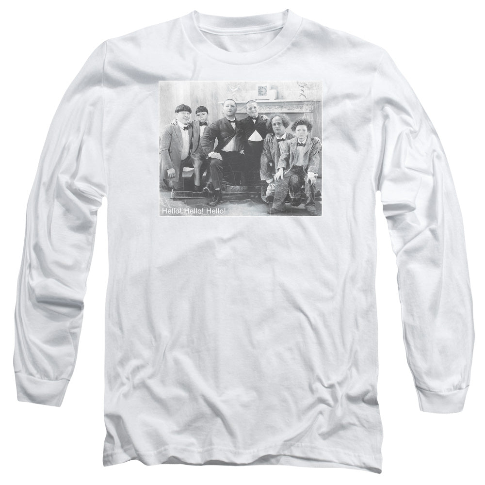 Three Stooges - Hello - Long Sleeve Adult 18/1 - White T-shirt