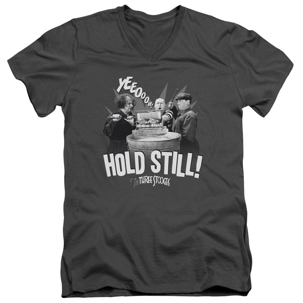 Three Stooges - Hold Still - Short Sleeve Adult V-neck 30/1 - Charcoal T-shirt