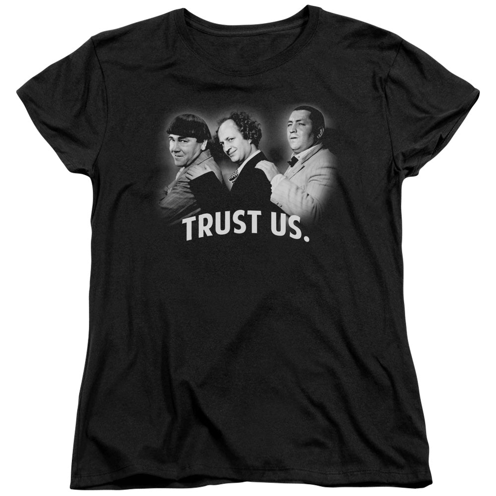 Three Stooges - Turst Us - Short Sleeve Womens Tee - Black T-shirt
