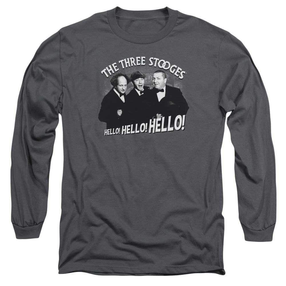 Three Stooges - Hello Again - Long Sleeve Adult 18/1 - Charcoal T-shirt