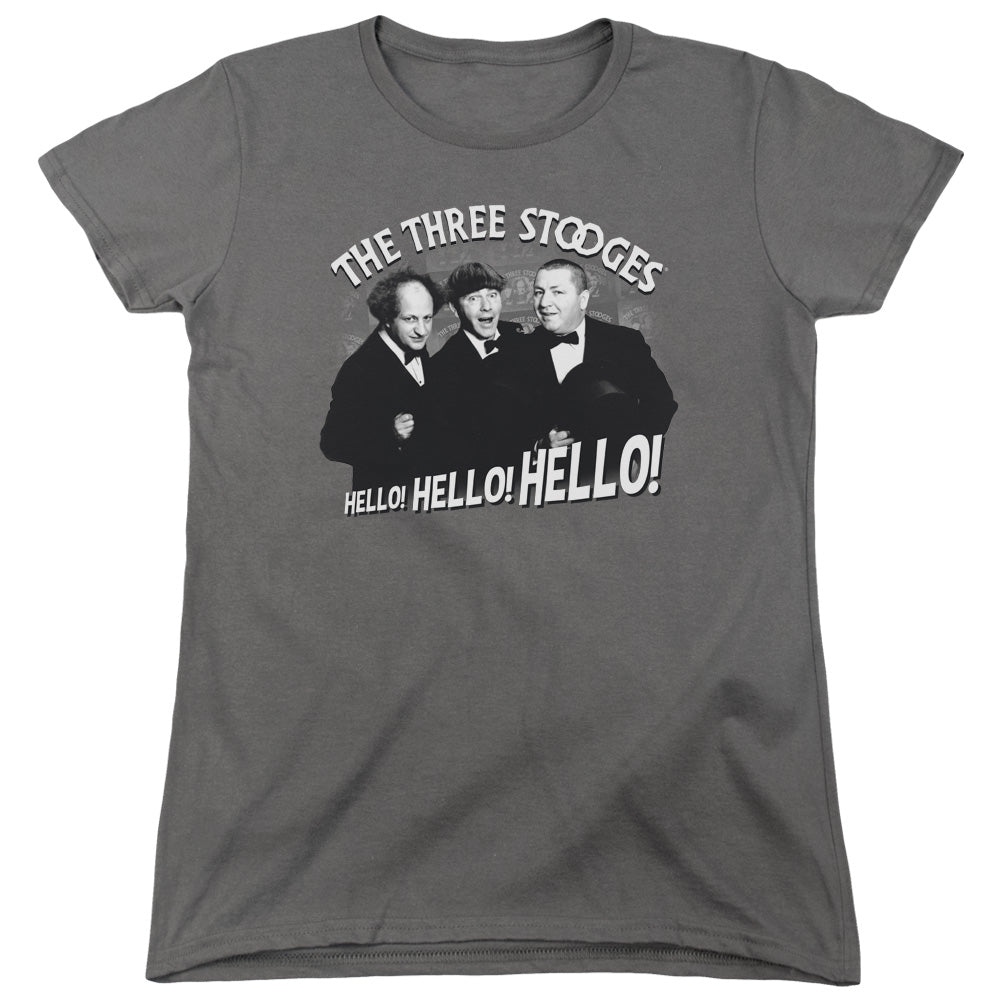 Three Stooges - Hello Again - Short Sleeve Womens Tee - Charcoal T-shirt