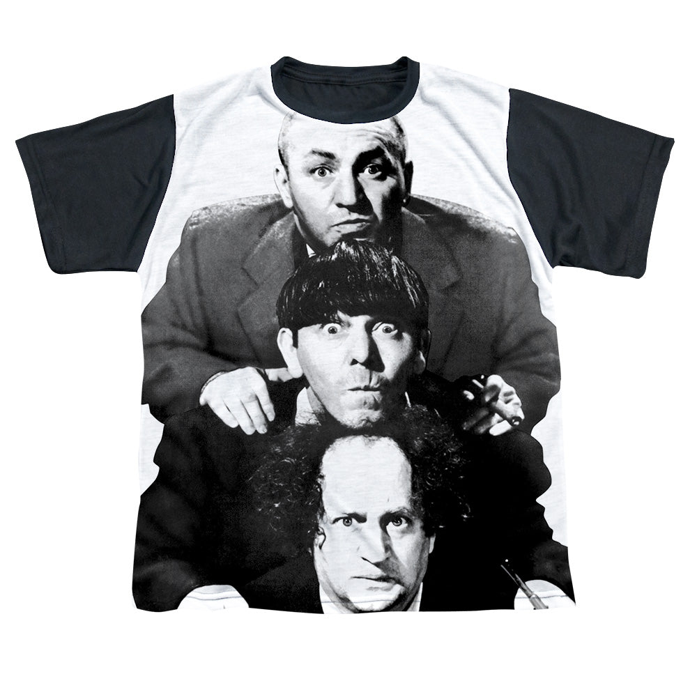 THREE STOOGES THREE STACKED-S/S YOUTH WHITE FRONT BLACK BACK T-Shirt