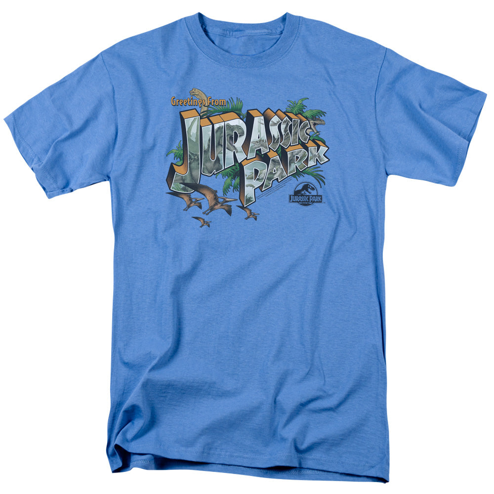 Jurassic Park - Greetings From Jp - Short Sleeve Adult 18/1 - Carolina Blue T-shirt