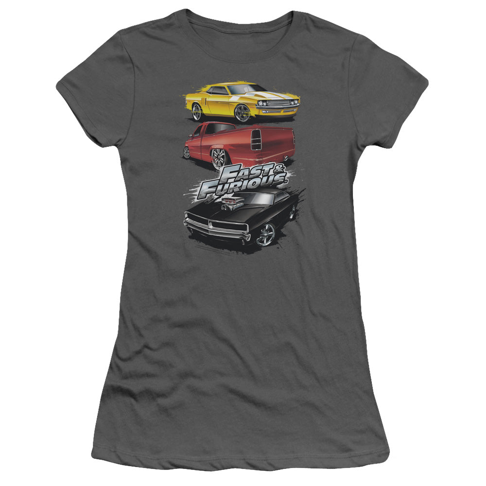 Fast And The Furious - Muscle Car Splatter - Short Sleeve Junior Sheer - Charcoal - Sm - Charcoal T-shirt