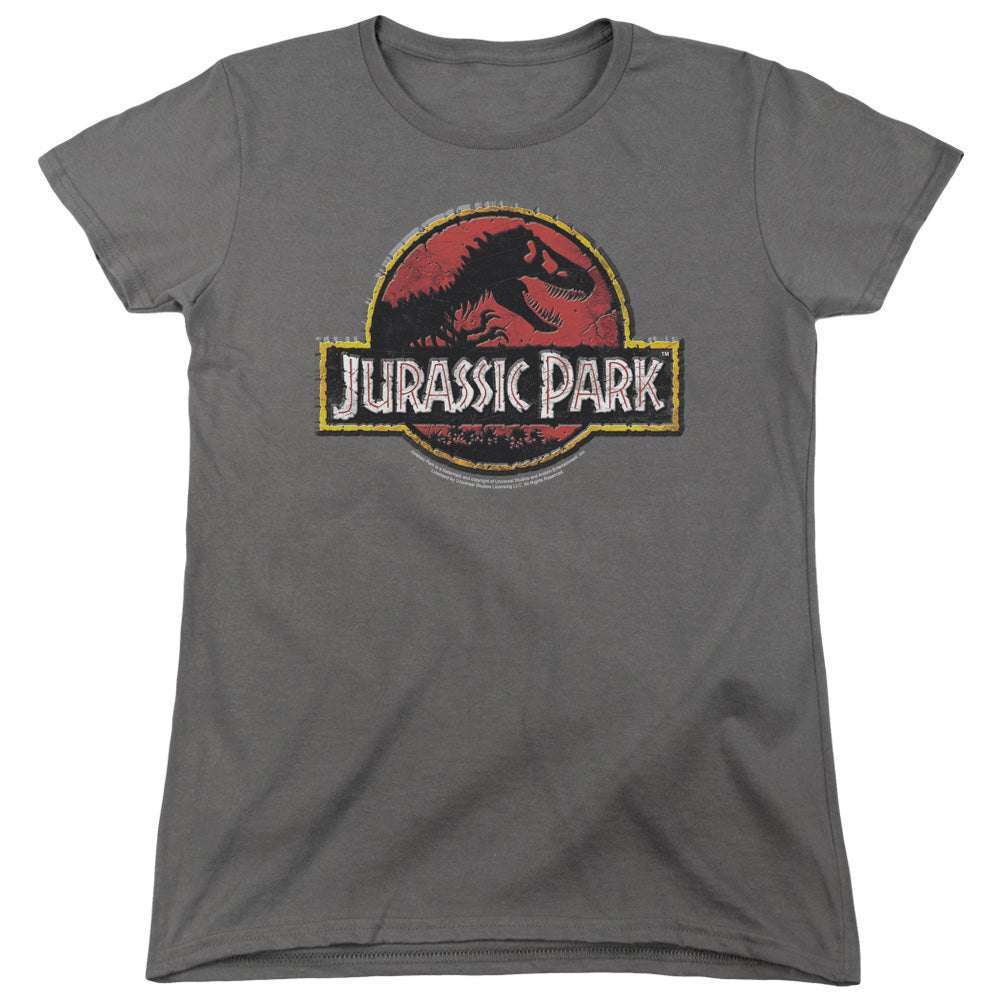 Jurassic Park - Stone Logo - Short Sleeve Womens Tee - Charcoal T-shirt