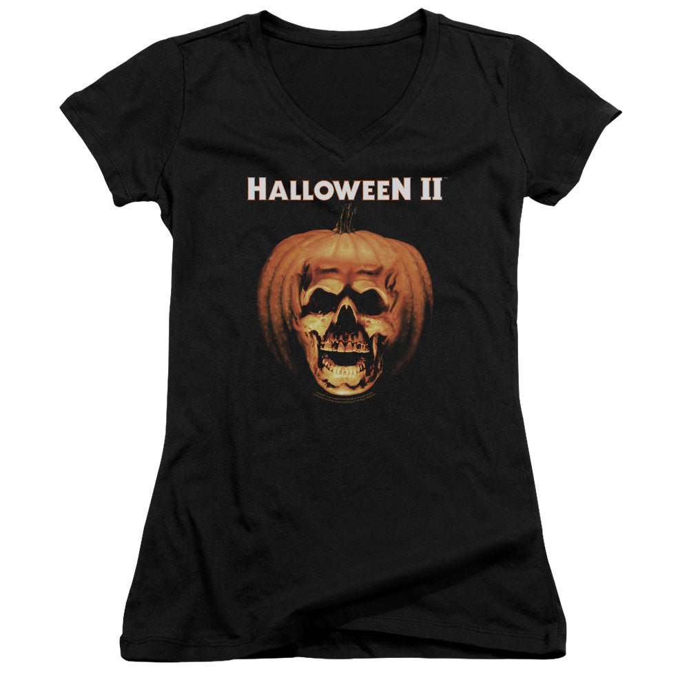 Halloween II Pumpkin Shell - Junior V-neck - Black - Sm - Black