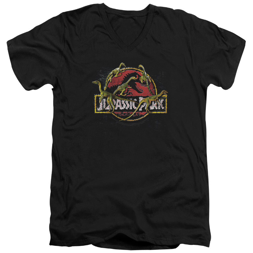JURASSIC PARK SOMETHING HAS SURVIVED - S/S ADULT V-NECK - BLACK T-Shirt