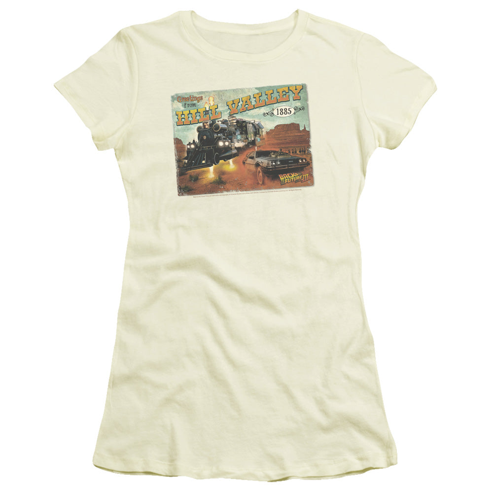 Back To The Future Iii - Hill Valley Postcard - Short Sleeve Junior Sheer - Cream - Sm - Cream T-shirt