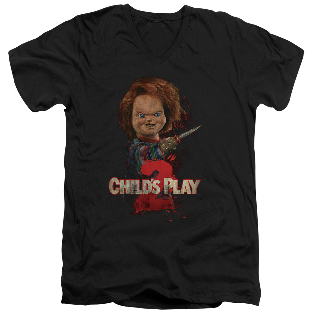 Childs Play 2 - Heres Chucky - Short Sleeve Adult V-neck 30/1 - Black T-shirt