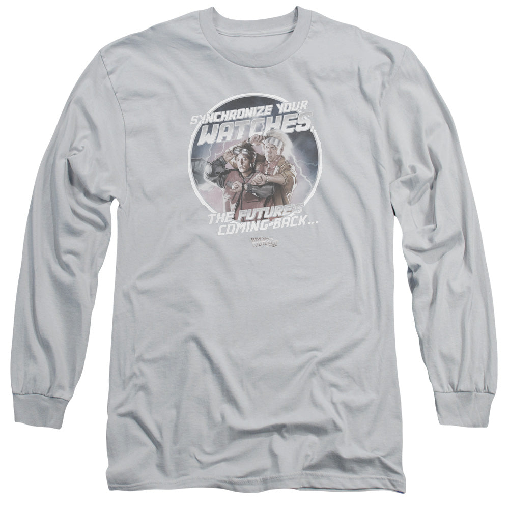 Back To The Future Ii - Synchronize Watches - Long Sleeve Adult 18/1 - Silver - Sm - Silver T-shirt