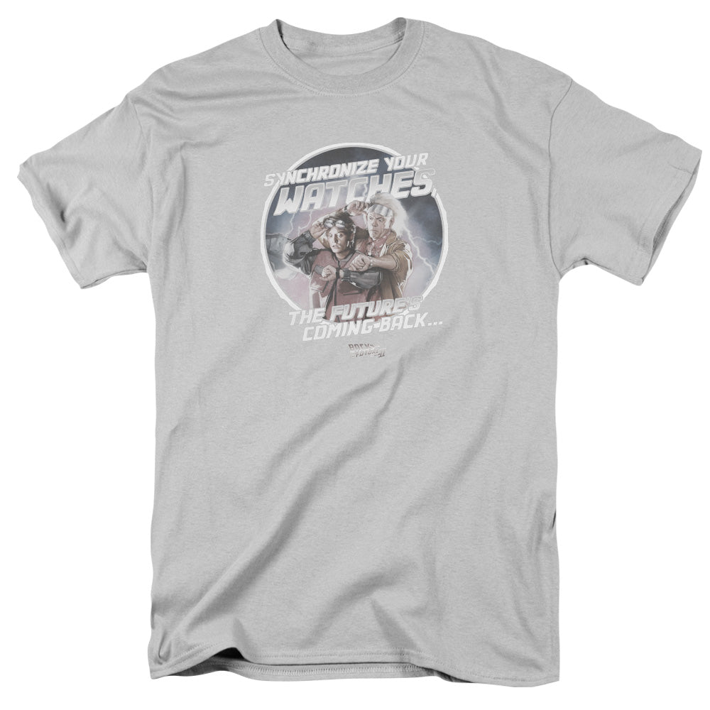 Back To The Future Ii - Synchronize Watches - Short Sleeve Adult 18/1 - Silver - Sm - Silver T-shirt