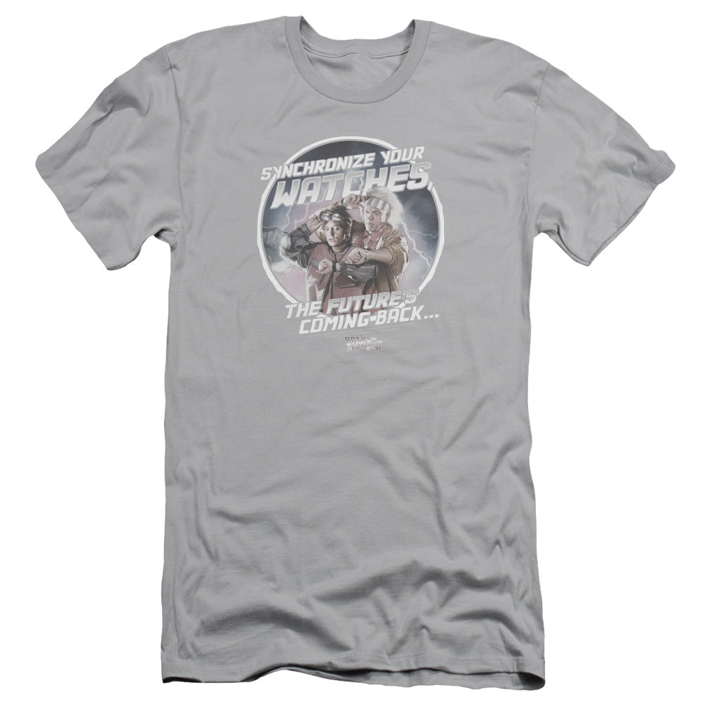 Back To The Future Ii - Synchronize Watches - Short Sleeve Adult 30/1 - Silver - Sm - Silver T-shirt
