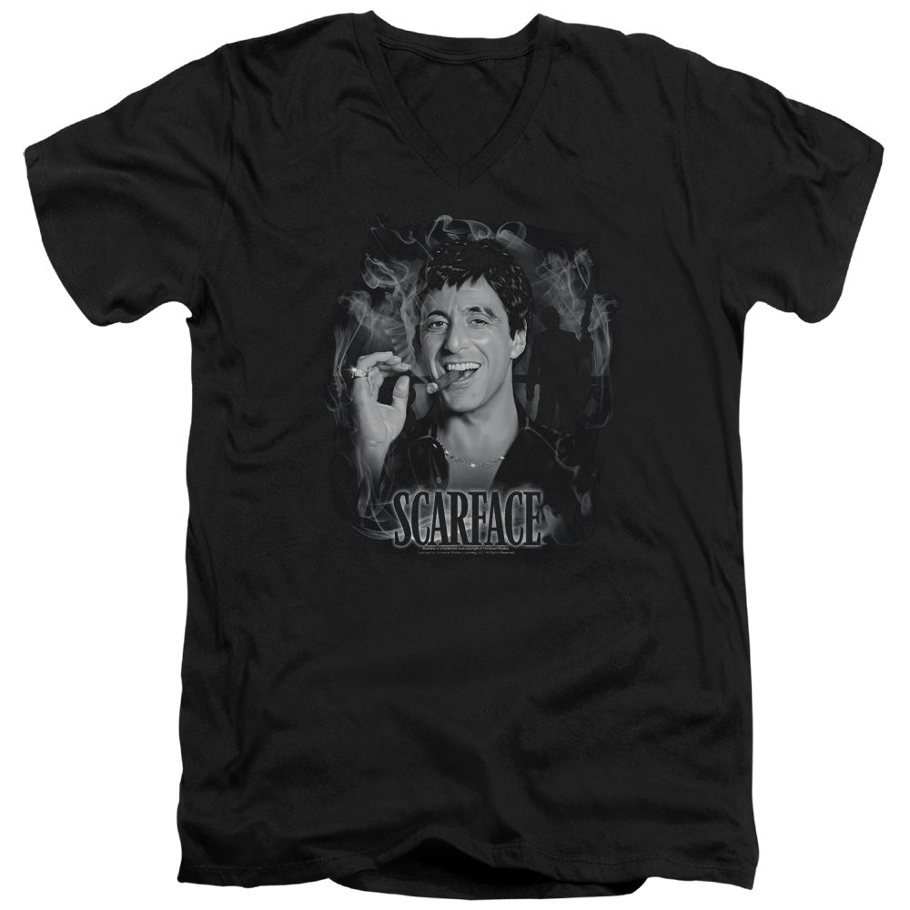 Scarface - Smokey Scar - Short Sleeve Adult V-neck 30/1 - Black T-shirt