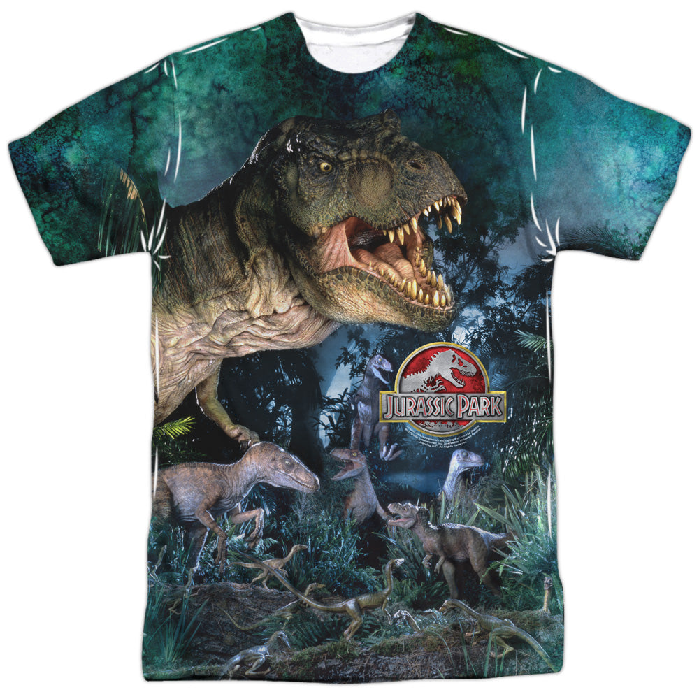Jurassic Park - Dinos Gather - Short Sleeve Adult 100% Poly Crew - White T-shirt