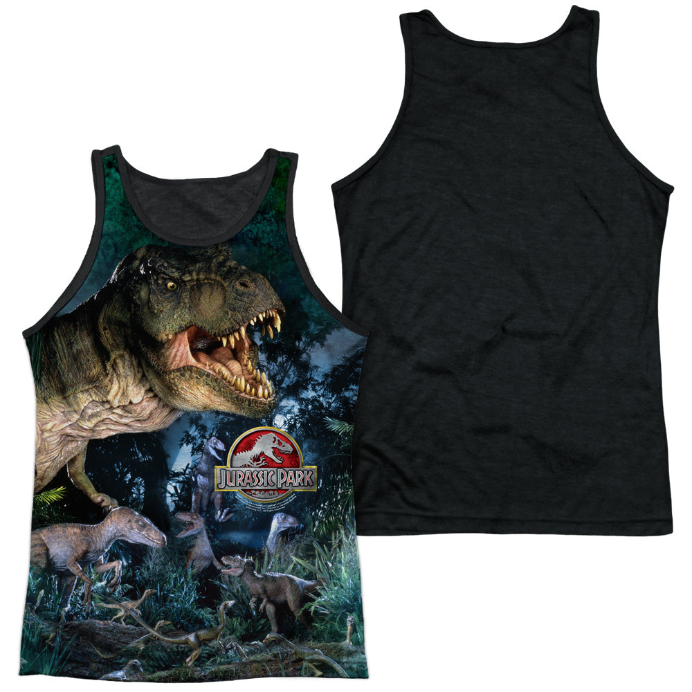 Jurassic Park - Dinos Gather - Adult Poly Tank Top Black Back - White