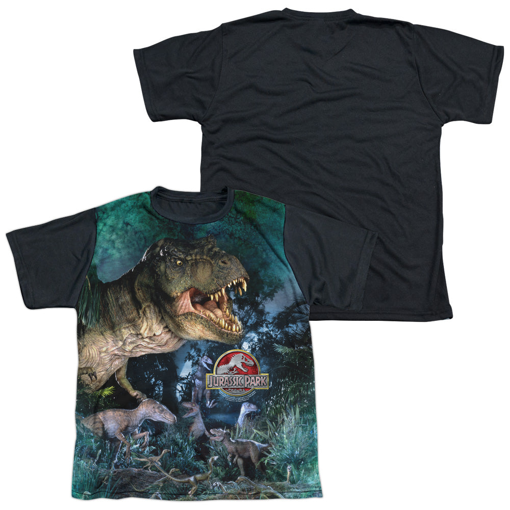 Jurassic Park - Dinos Gather - Short Sleeve Youth White Front Black Back - White T-shirt