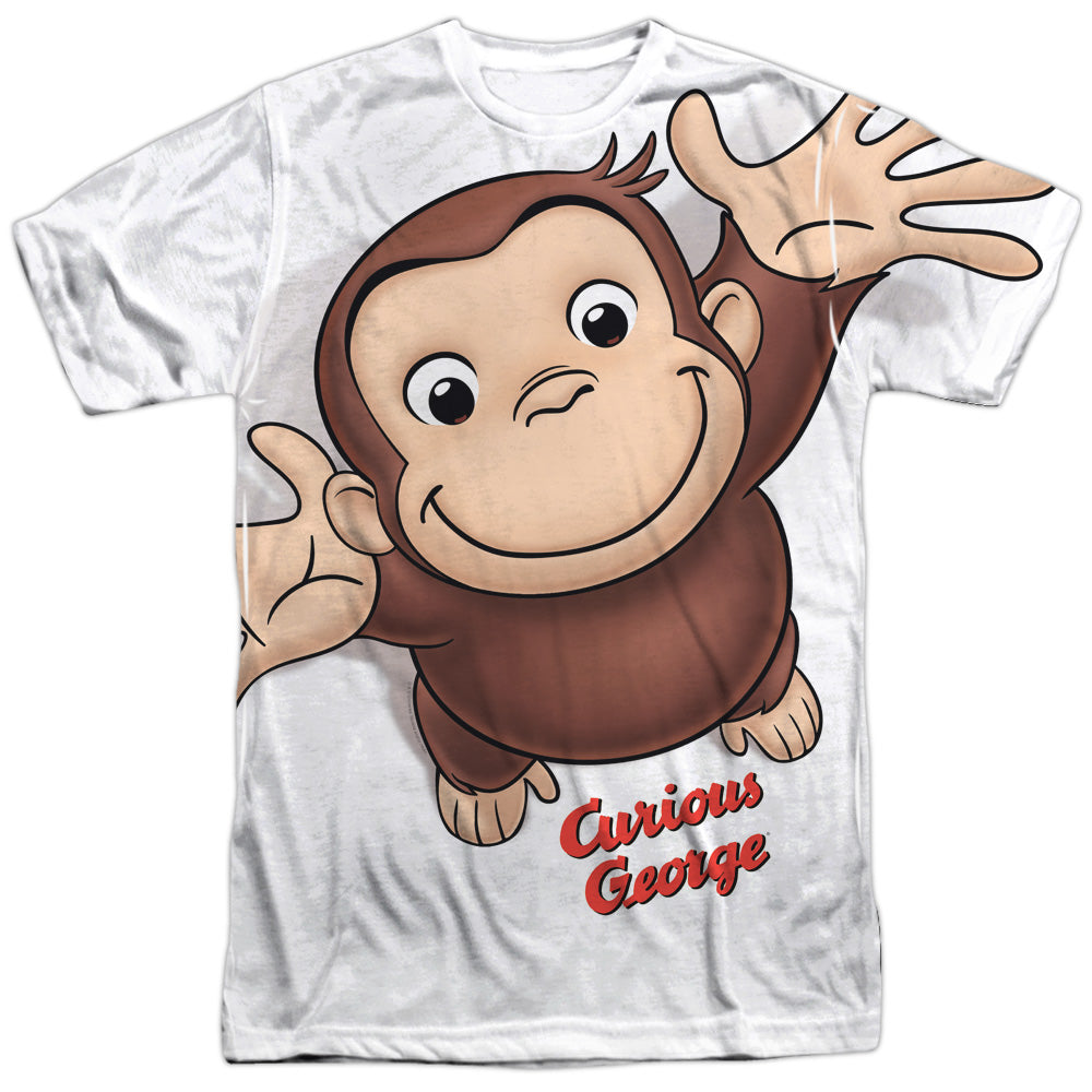 Curious George - Hands In The Air - Short Sleeve Adult 100% Poly Crew - White - Sm - White T-shirt