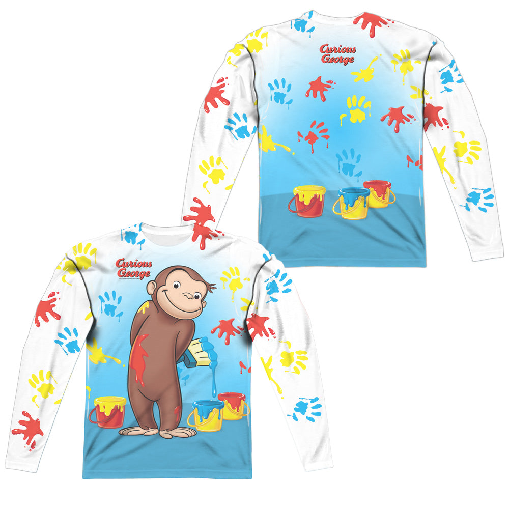 Curious George - Paint All Over (Front/back Print) - Long Sleeve Adult Poly Crew - White T-shirt