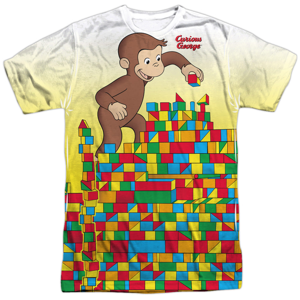 Curious George - Building Blocks - Short Sleeve Adult 100% Poly Crew - White - Sm - White T-shirt
