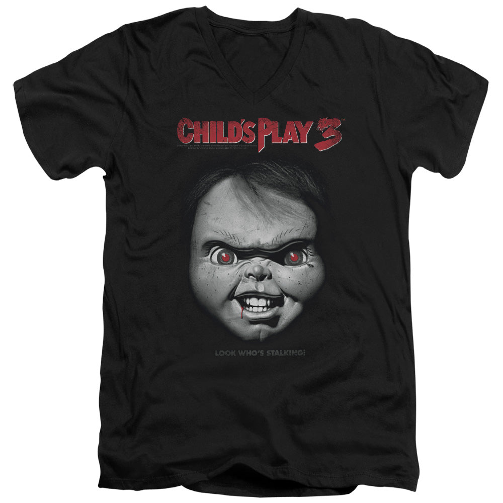 Childs Play 3 - Face Poster - Short Sleeve Adult V-neck 30/1 - Black - Sm - Black T-shirt