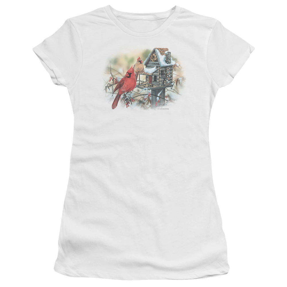 WILDLIFE CARDINALS RUSTIC RETREAT - S/S JUNIOR SHEER - WHITE T-Shirt