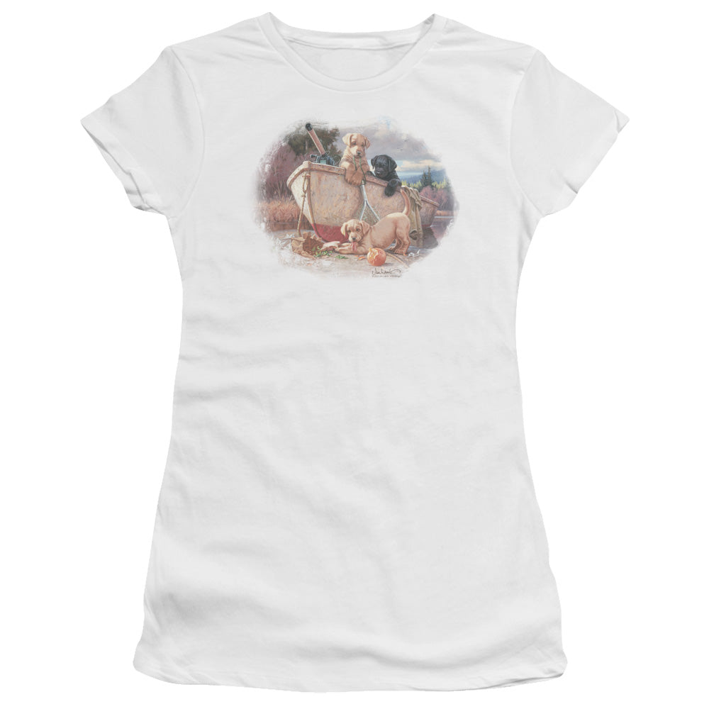 Wildlife - Lunch Break Lab Pups - Short Sleeve Junior Sheer - White T-shirt