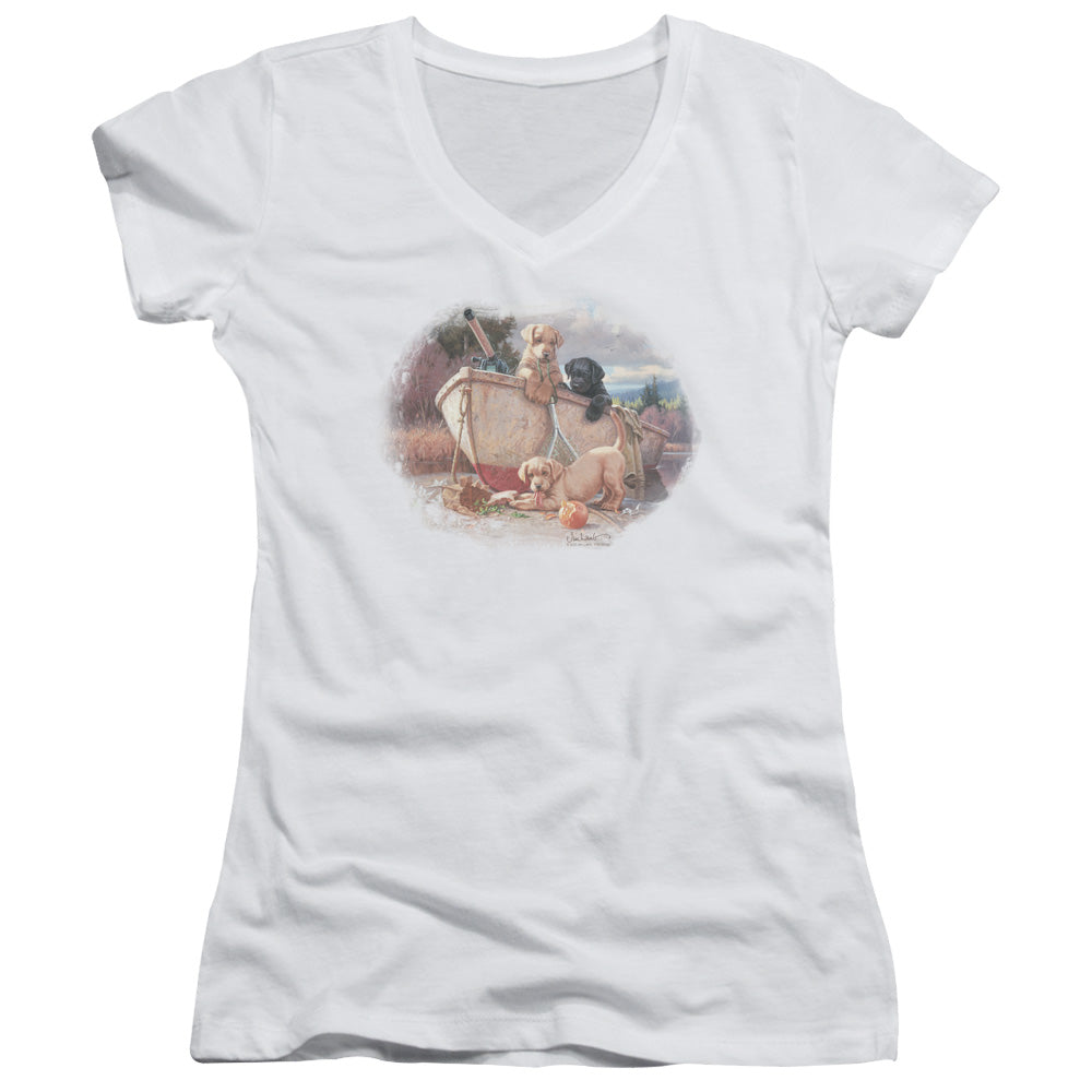 Wildlife - Lunch Break Lab Pups - Junior V-neck - White