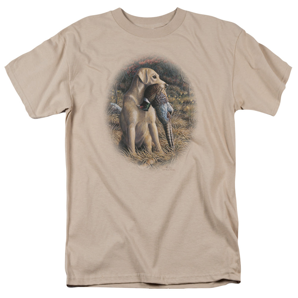 Wildlife - Yellow Lab With Pheasant - Short Sleeve Adult 18/1 - Sand T-shirt