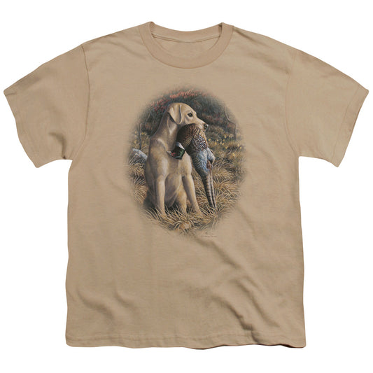 Wildlife - Yellow Lab With Pheasant - Short Sleeve Youth 18/1 - Sand T-shirt
