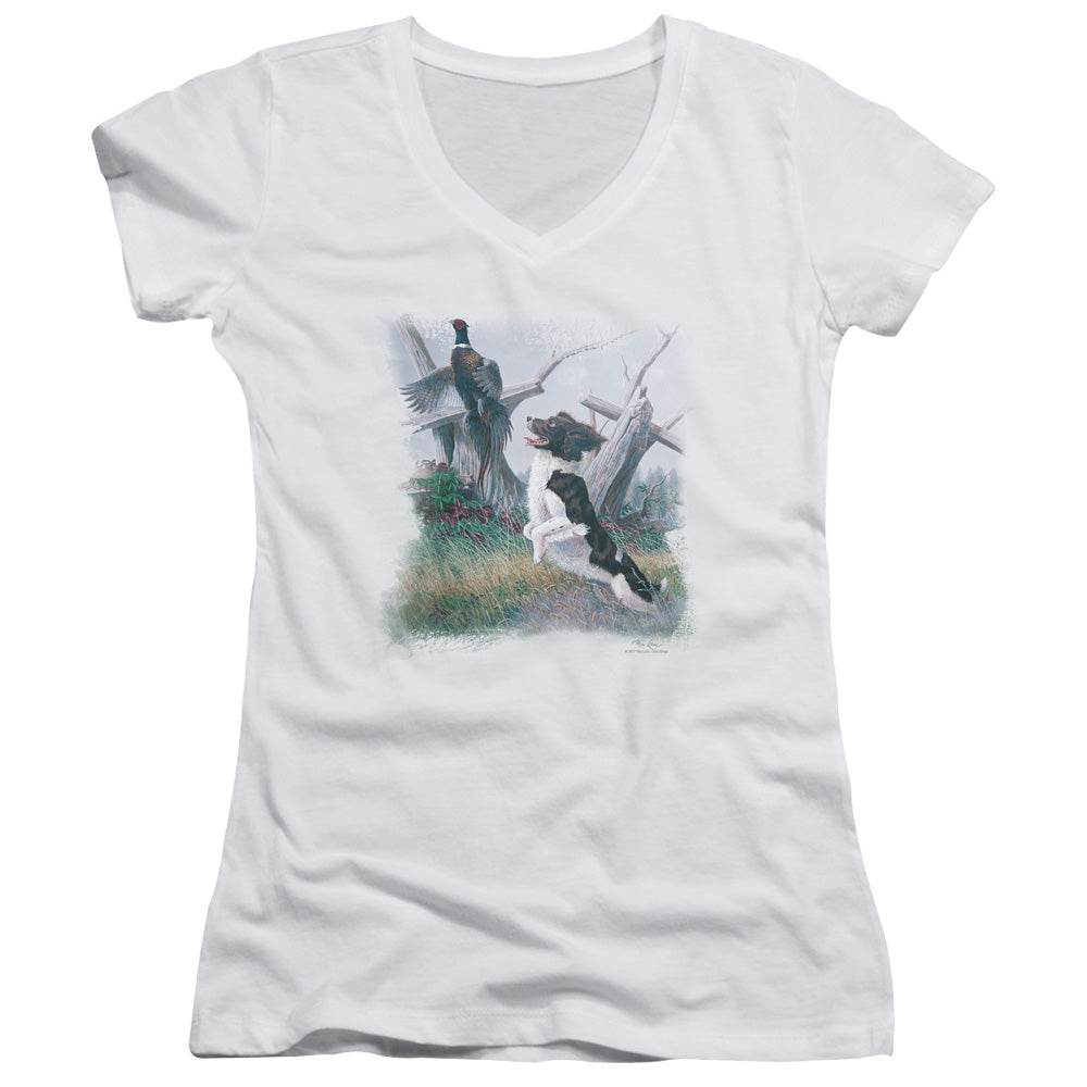 Wildlife - Springer With Pheasant - Junior V-neck - White